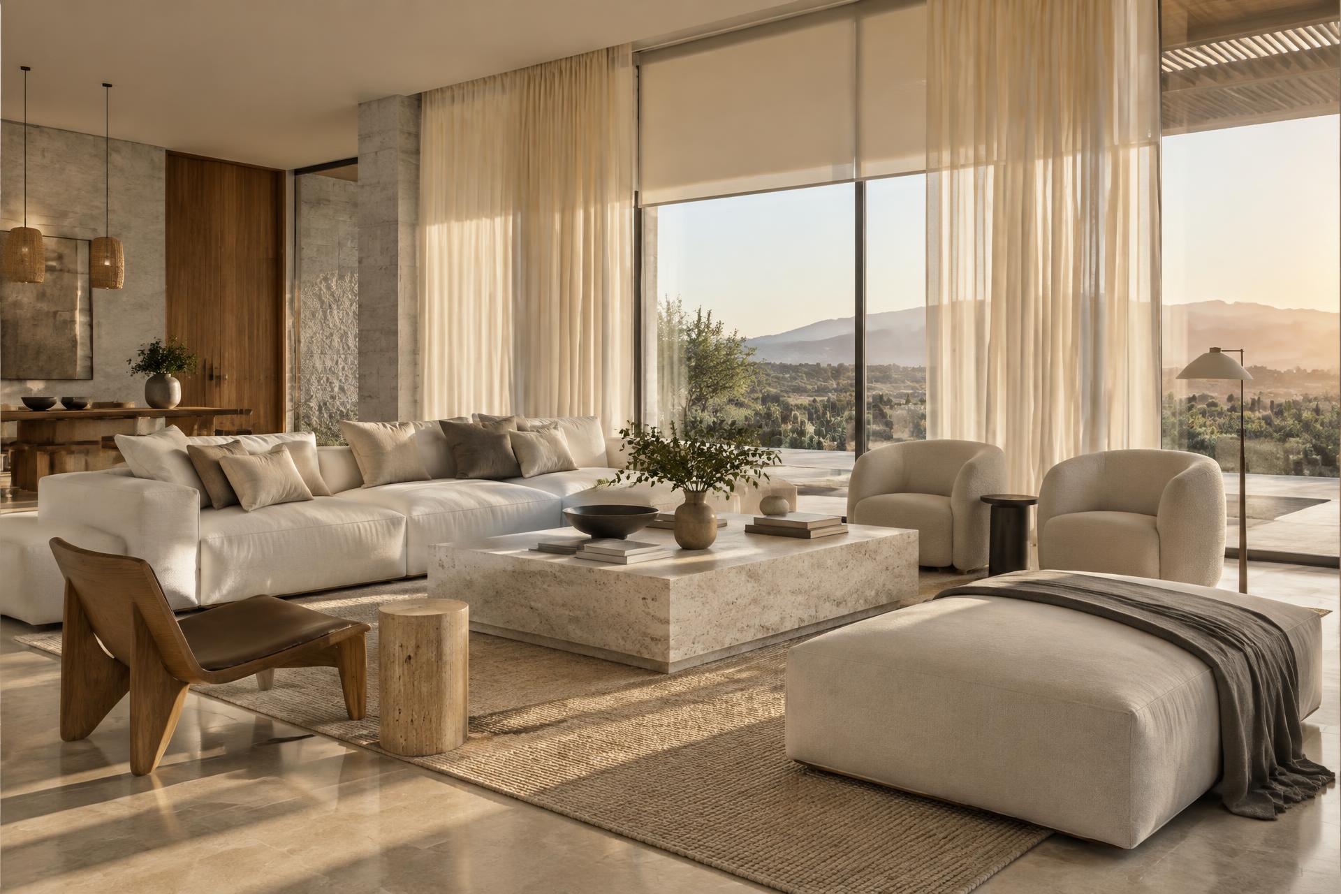 Interior contemporáneo con cortinas traslúcidas y persiana enrollable a medida